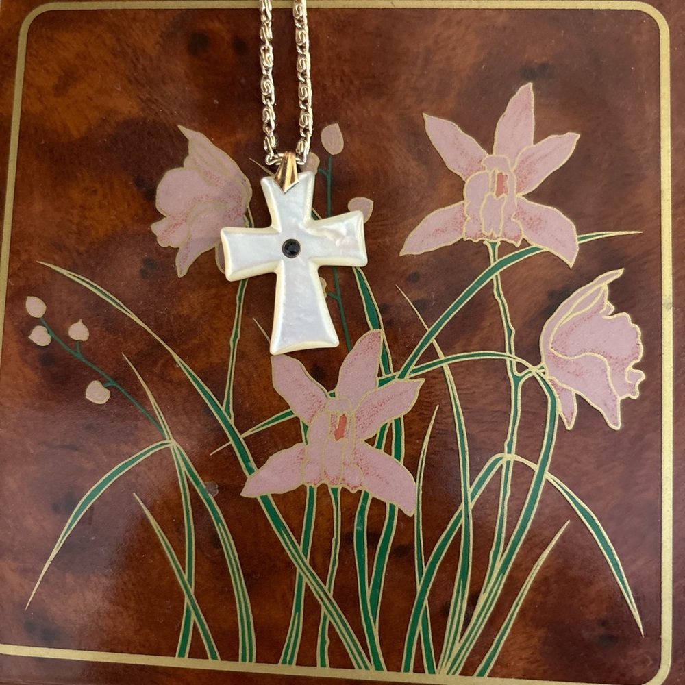 Gold and White Cross Necklace with Chain
